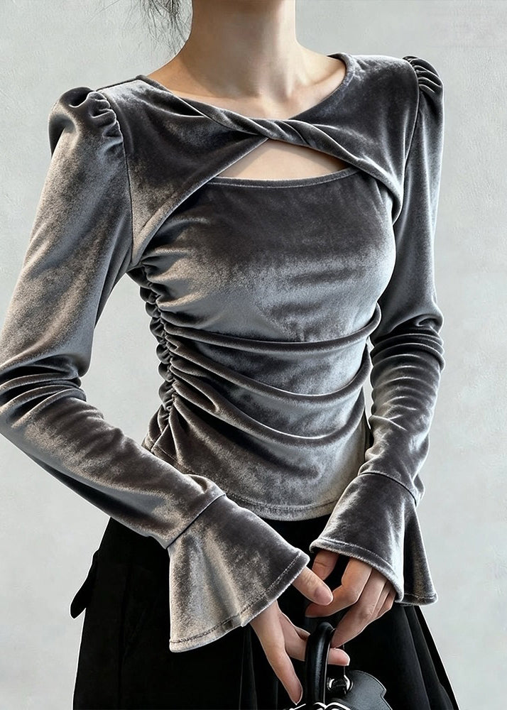 Grey Patchwork Hollow Out Silk Velour Tops Fall