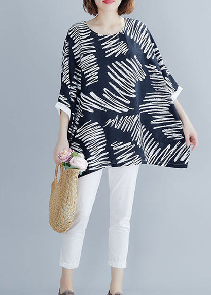 Black O-neck Asymmetrical Print Cotton Shirt Top Summer