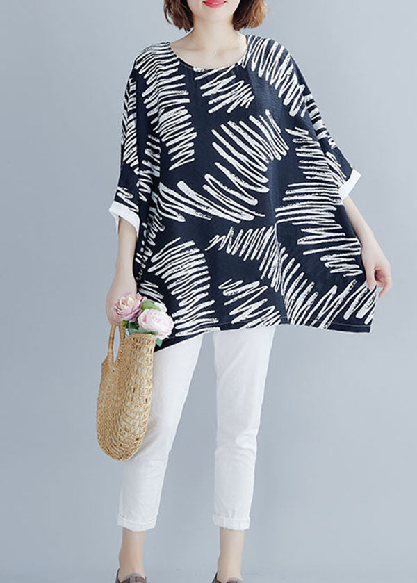 Black O-neck Asymmetrical Print Cotton Shirt Top Summer