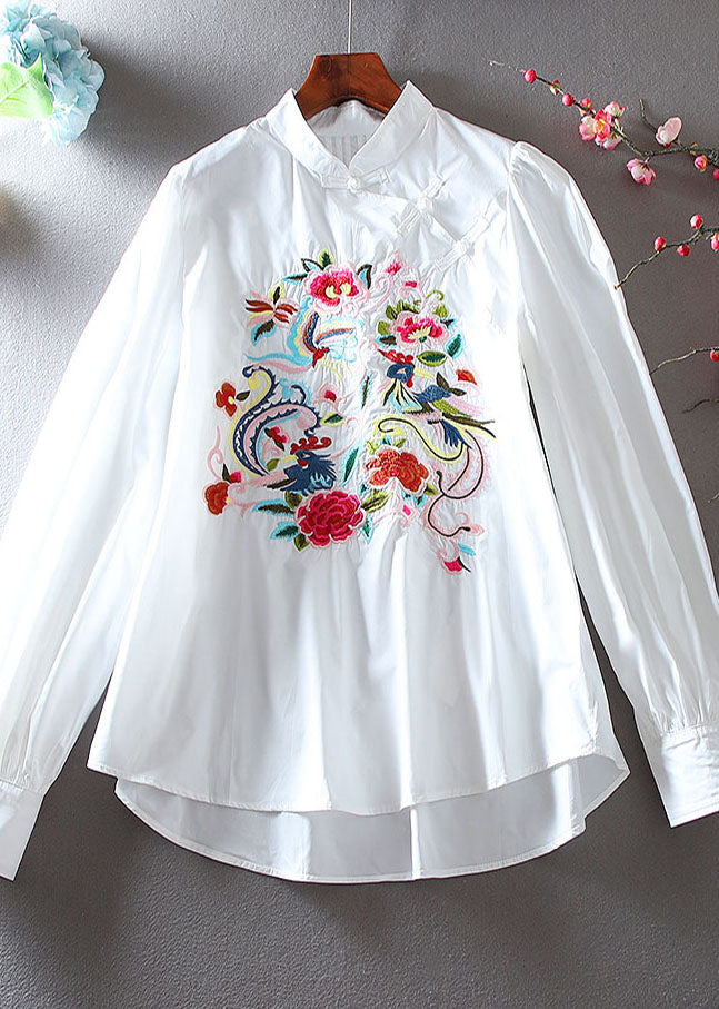 White Embroidered Chinese Button Cotton Blouse Top Spring