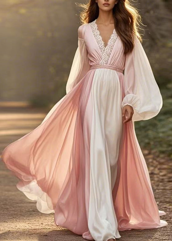 Colorblock V Neck Patchwork Chiffon Dress Lantern Sleeve
