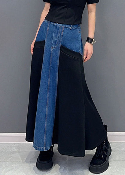 Blue Patchwork Black High Waist Denim Maxi Fish Tail Skirts