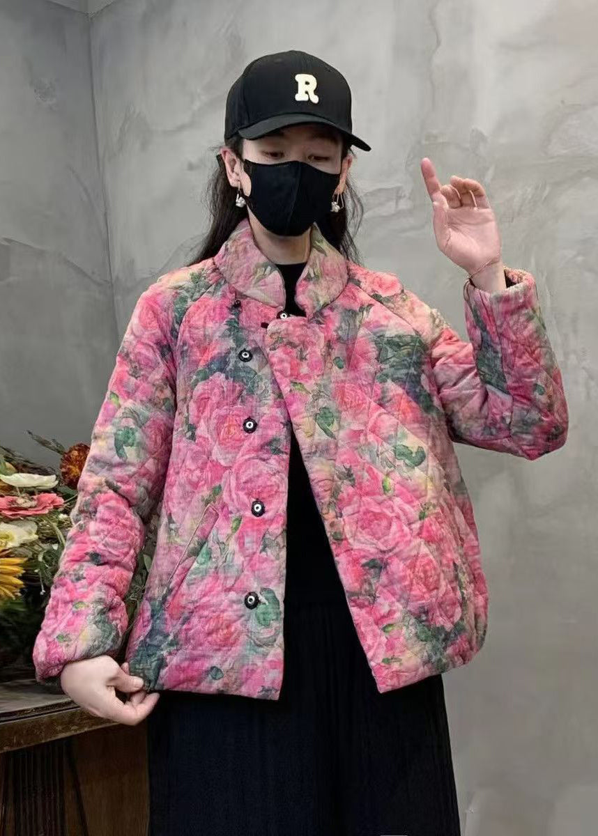 Pink Print Fine Cotton Filled Coat Mandarin Collar Winter