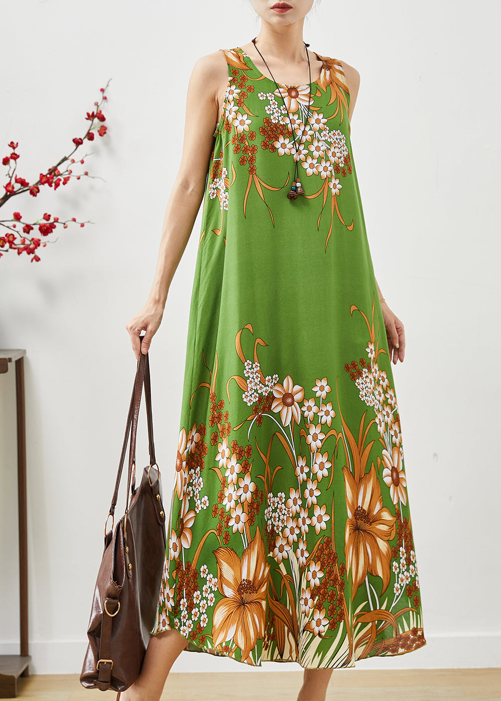 Green Print Cotton a Line Dresses Oversized Sleeveless