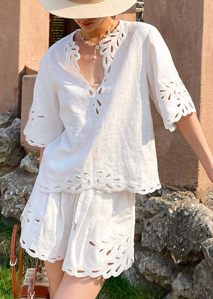 French White V Neck Hollow Out Tops and Shorts Linen Two Pieces Set Half Sleeve