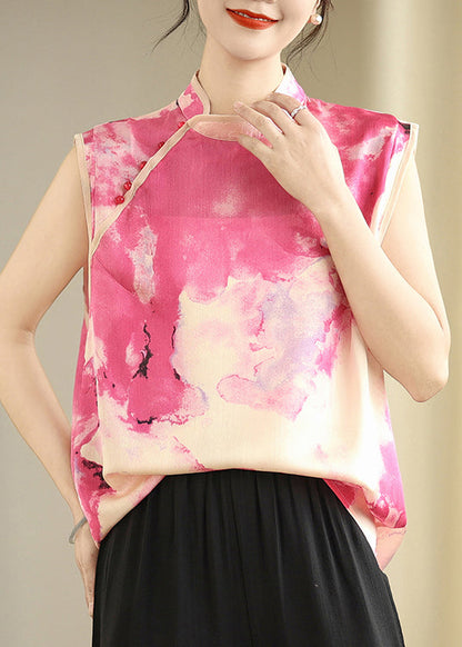 Pink Mandarin Collar Tie Dye Silk Top Sleeveless