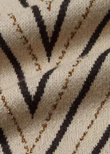 Apricot O Neck Print Zircon Patchwork Knit Dress Fall