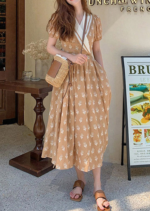 Champagne V Neck Print Wrinkled Cotton Long Dress Summer