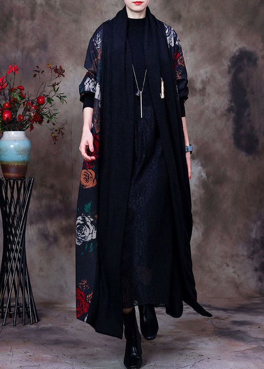 Black Bow Collar Print Loose Long Cardigans Long Sleeve