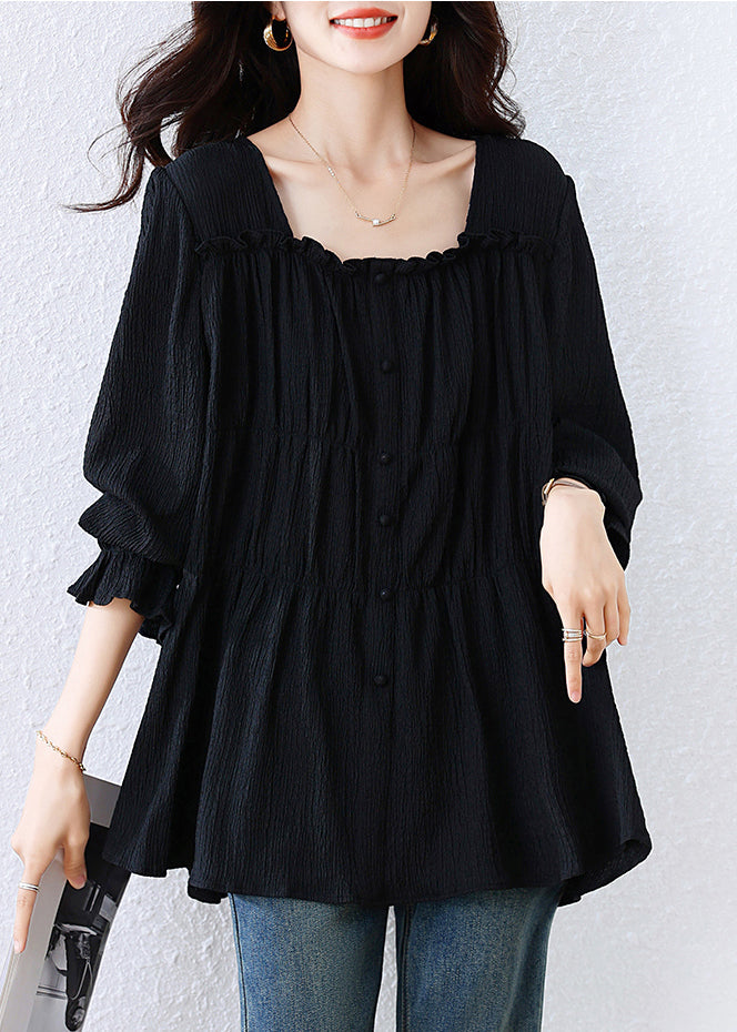 Black Square Collar Wrinkled Cotton Shirt Top Fall