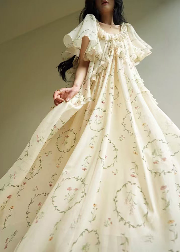 U Neck Ruffled Print Chiffon Long Dress Summer