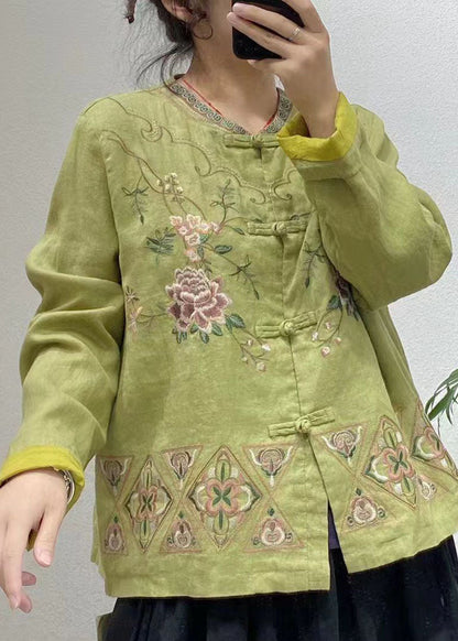 Blue Embroideried Oriental Button Linen Chinese Style Coats Spring