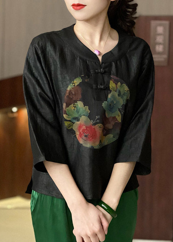 Black O-neck Print Button Silk Top Bracelet Sleeve