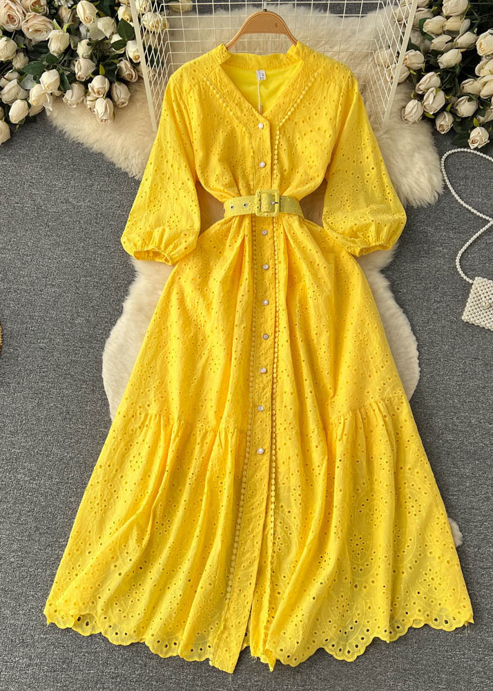 Purple Button Hollow Out Cotton Shirts Dress Long Sleeve