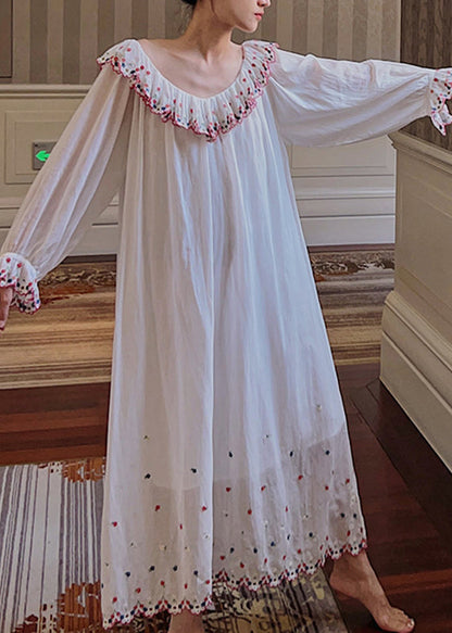 French White V Neck Embroidered Maxi Dresses Long Sleeve