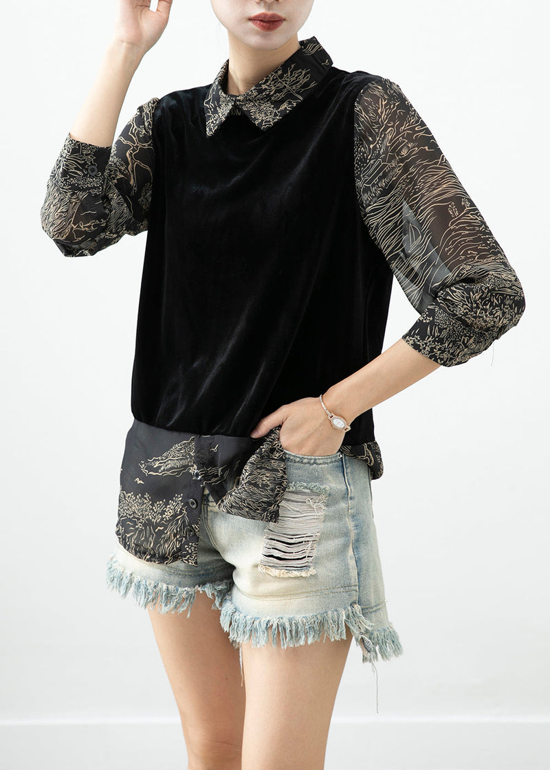 Black Peter Pan Collar Patchwork Silk Velour Shirt Top Fall