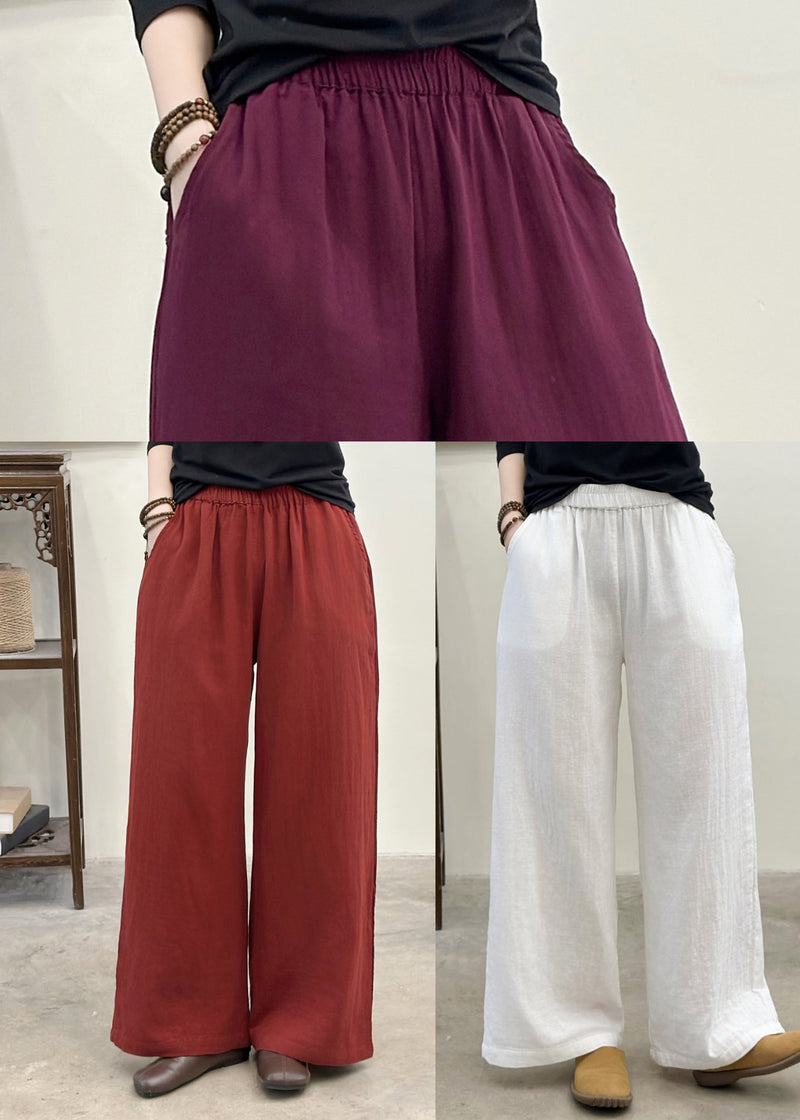 Purple Elastic Waist Pockets Linen Pants Summer