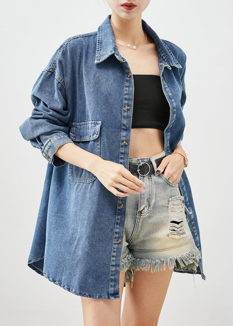Simple Blue Oversized Pockets Denim Coat Outwear Spring