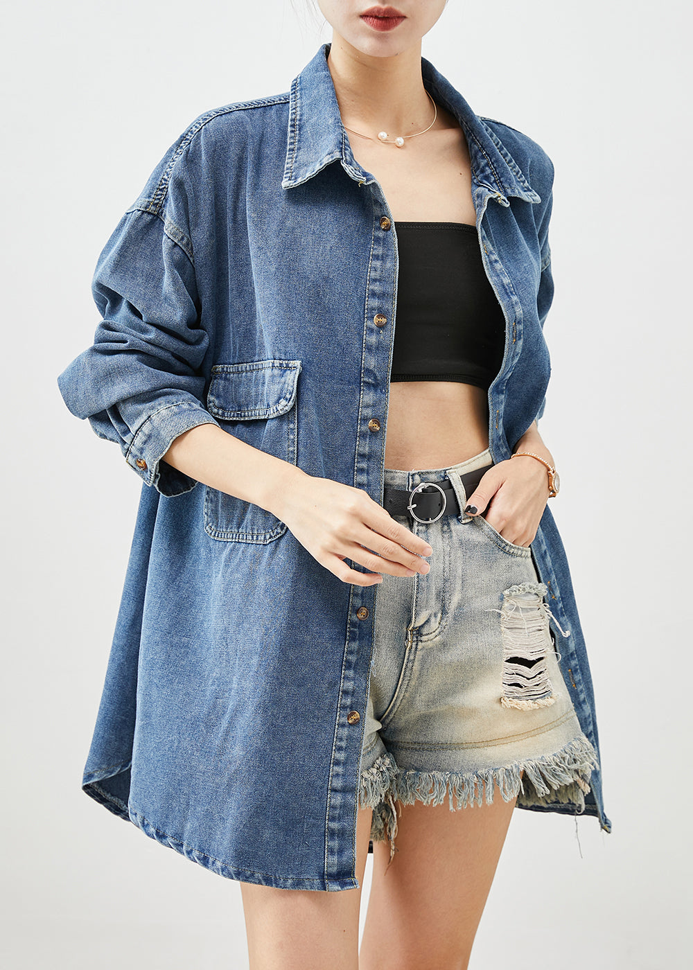 Simple Blue Oversized Pockets Denim Coat Outwear Spring