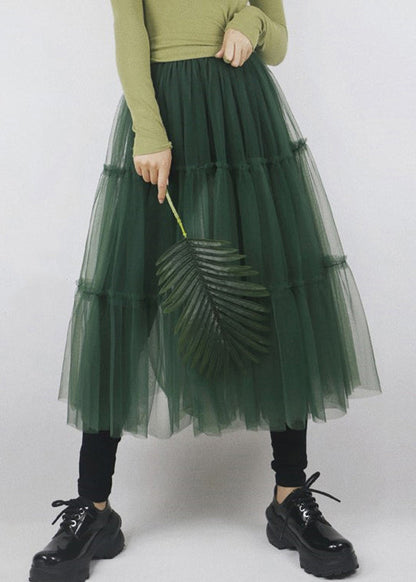 Green Patchwork Tulle a Line Skirts Spring