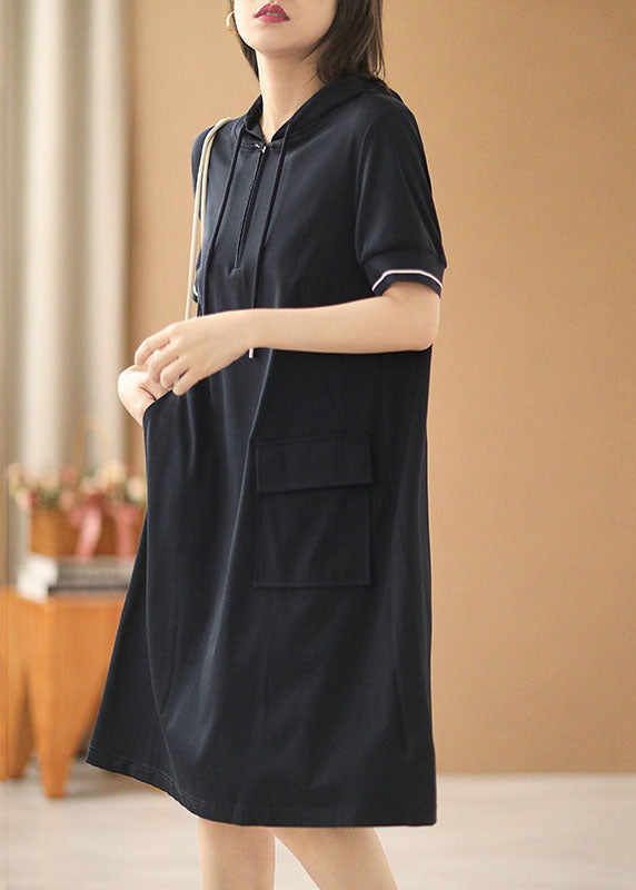 Simple Navy Zippered Drawstring Hooded Pocket Cotton Sweatshirt Dress Short Sleeve