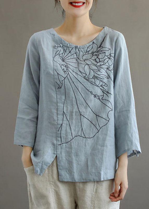 Pink O-neck Button Embroideried Fall Linen Long Sleeve Top