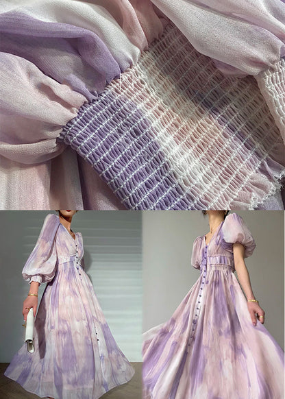Purple V Neck Tie Dye Print Button Silk Long Dress Long Sleeve