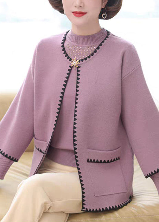 Light Purple O-neck Pockets Cotton Knit Coats and Sweaters Two-piece Set Fall