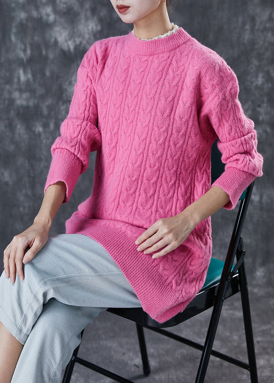 Pink Ruffled Patchwork Thick Knit Pullover Winter