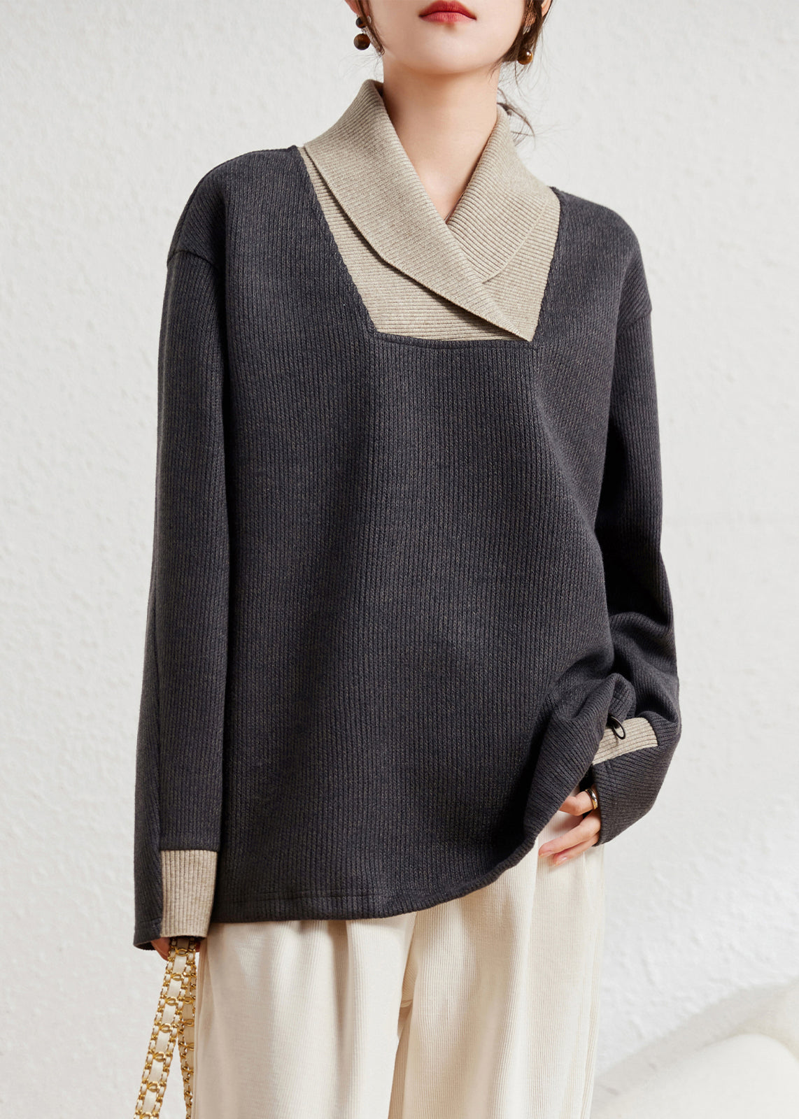 Grey Peter Pan Collar Patchwork Knit Sweater Winter