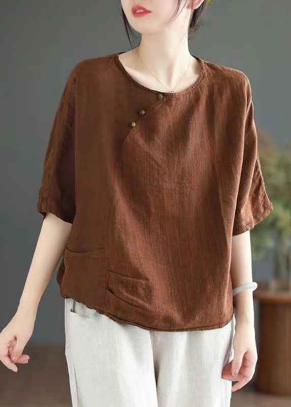 Versatile Coffee O Neck Linen T Shirts Half Sleeve