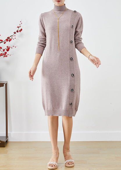 Light Purple High Neck Button Knit Dress Winter