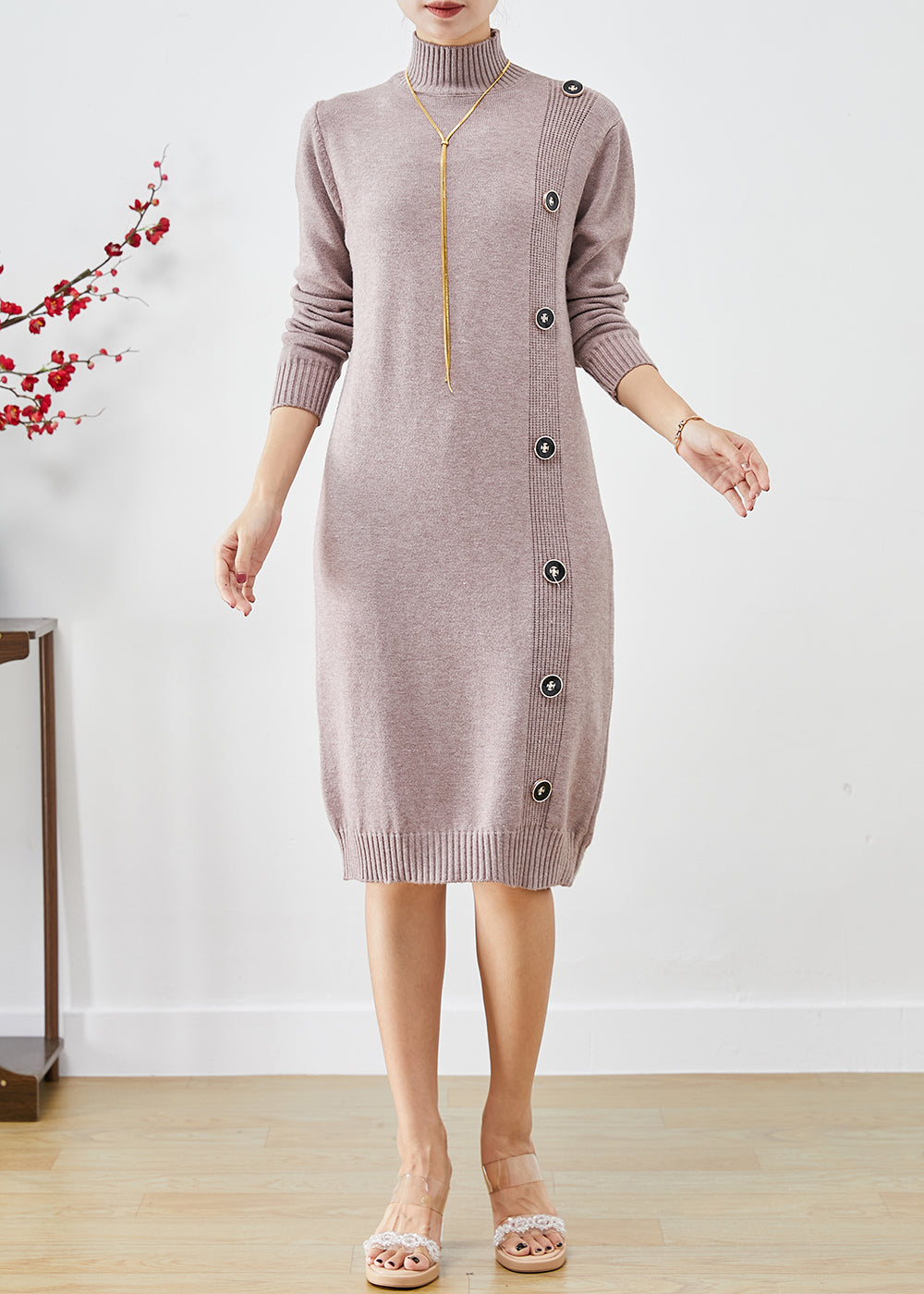 Light Purple High Neck Button Knit Dress Winter