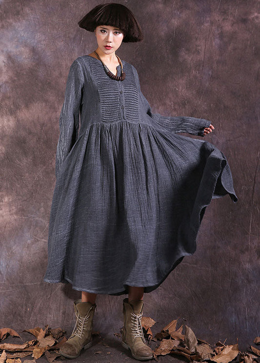 French Grey V Neck Wrinkled Cotton Holiday Dress Spring