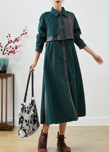 Green Peter Pan Collar Patchwork Cotton Two-piece Set Fall