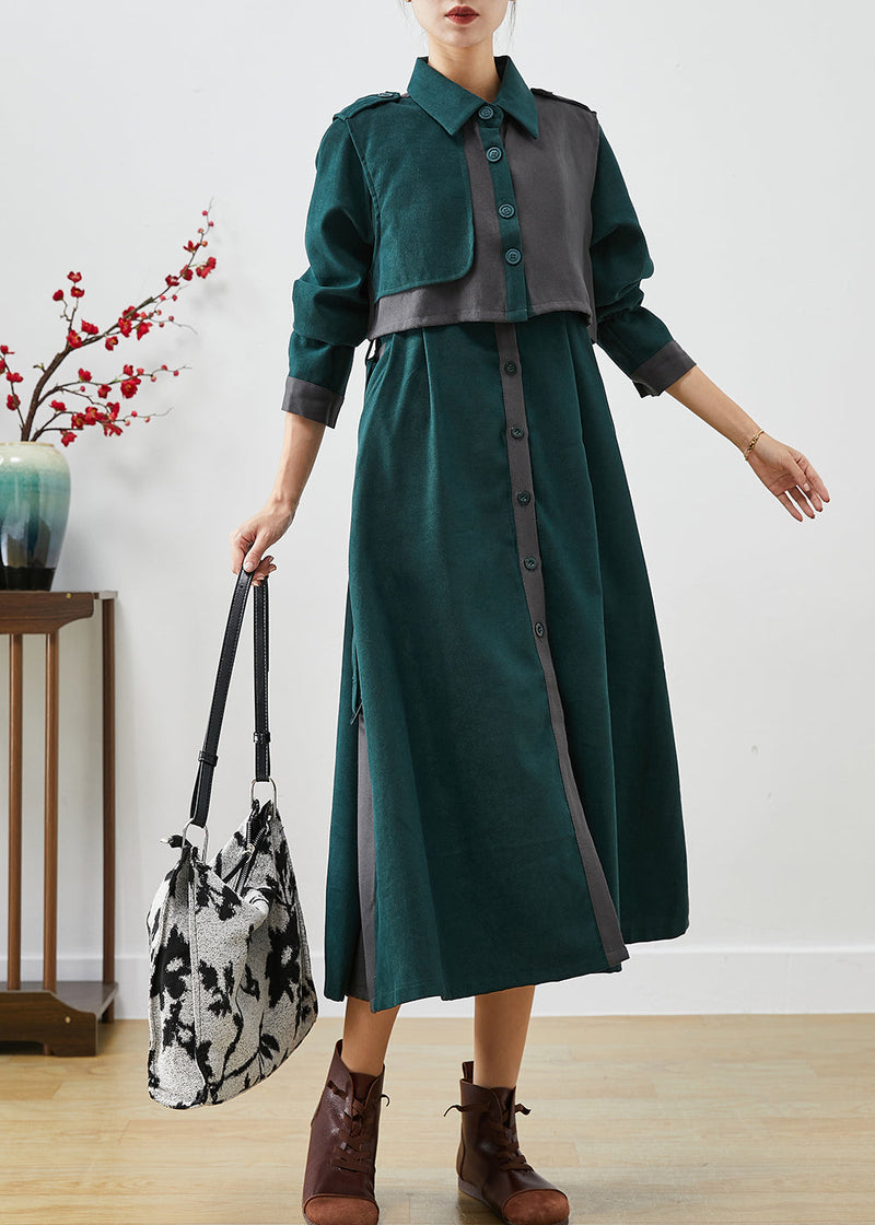 Green Peter Pan Collar Patchwork Cotton Two-piece Set Fall