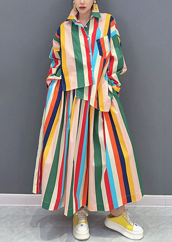 Loose Rainbow Peter Pan Collar Striped Button Shirts and Maxi Skirts Two Piece Set Long Sleeve