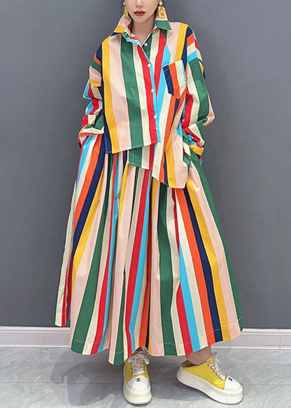 Loose Rainbow Peter Pan Collar Striped Button Shirts and Maxi Skirts Two Piece Set Long Sleeve