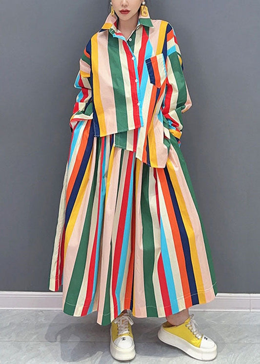 Loose Rainbow Peter Pan Collar Striped Button Shirts and Maxi Skirts Two Piece Set Long Sleeve