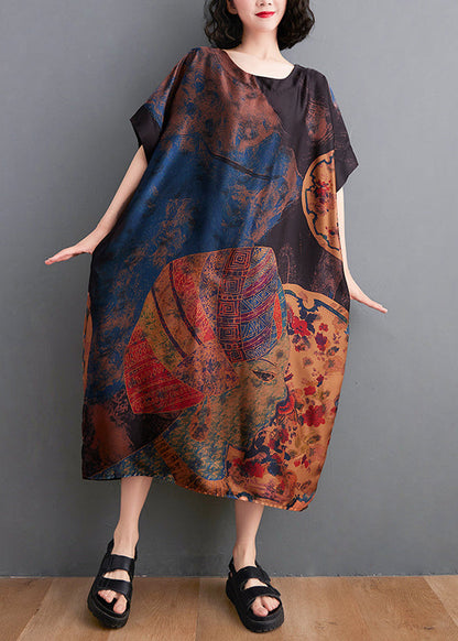 Baggy O-neck Print Chiffon Dresses Short Sleeve
