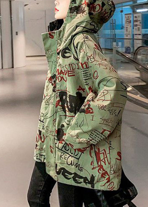 Green Hooded Letter Pockets Cotton Trench Coats Spring