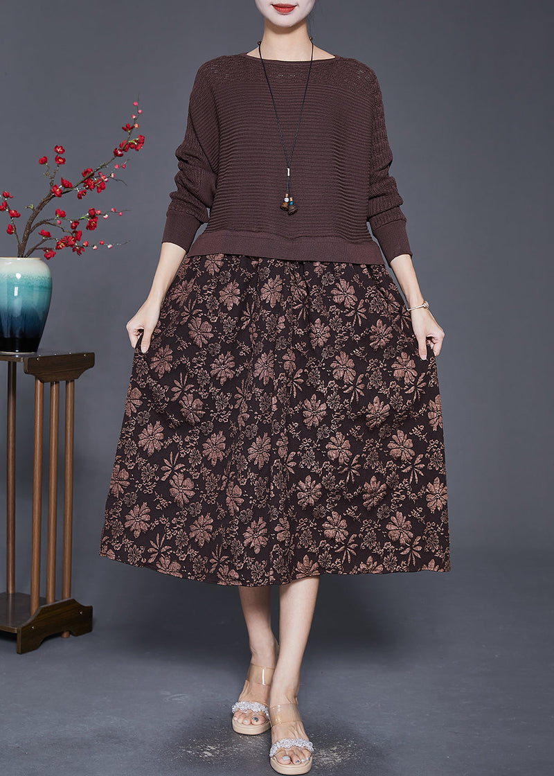 Coffee Jacquard Patchwork Knit Maxi Dresses Fall