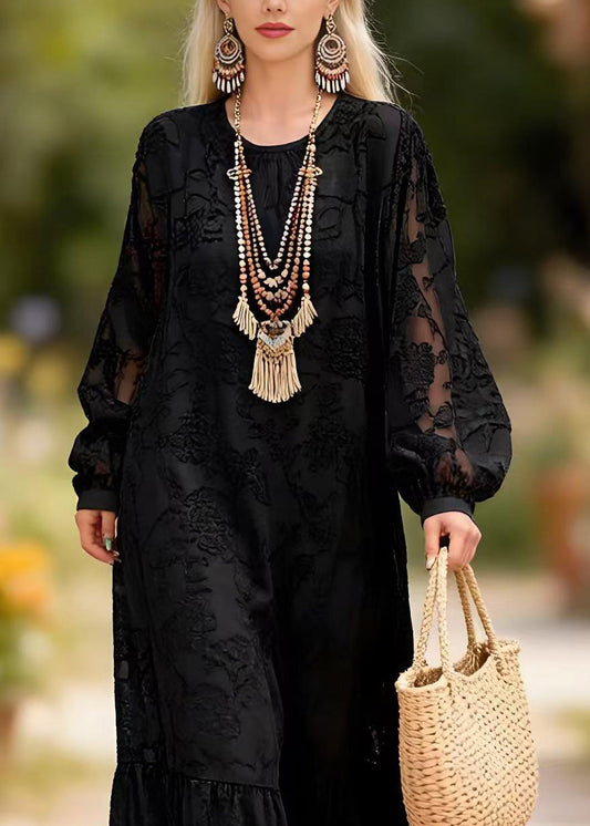 Black O Neck Embroidered Lace Long Dress Spring