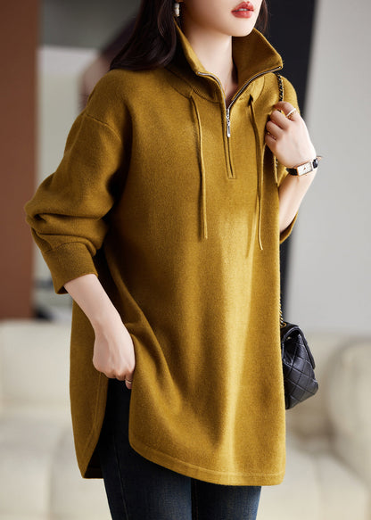 Yellow Zip Up Patchwork Knit Sweatshirt Top Fall