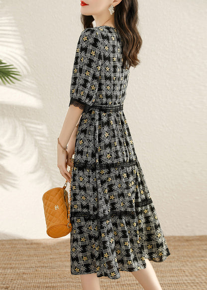 Black V Neck Print Tie Waist Cotton Long Dresses Half Sleeve
