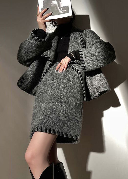 Loose Grey Pockets Patchwork Coat and Skirts Wool Two Pieces Set Long Sleeve