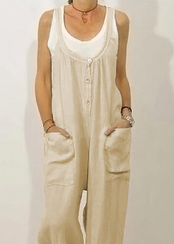 Khaki O-neck Button Jumpsuits Sleeveless