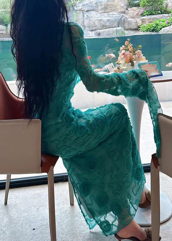 Green O-neck Tulle Maxi Dress Spring