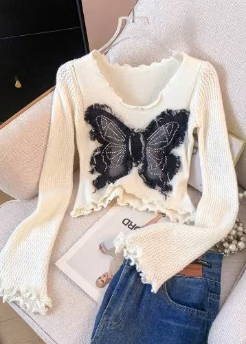 White Butterfly Patchwork Knitted Tops Flare Sleeve Fall
