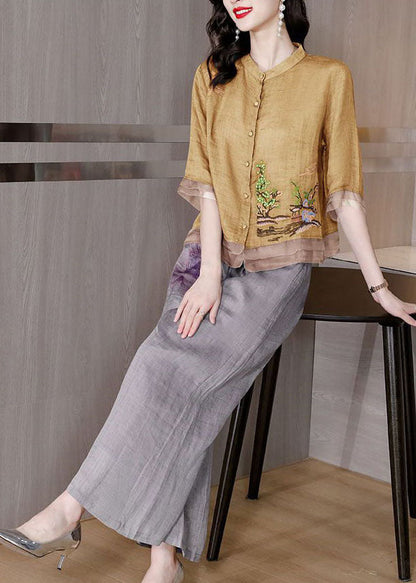 Yellow Embroideried Patchwork Linen Two Pieces Set Summer